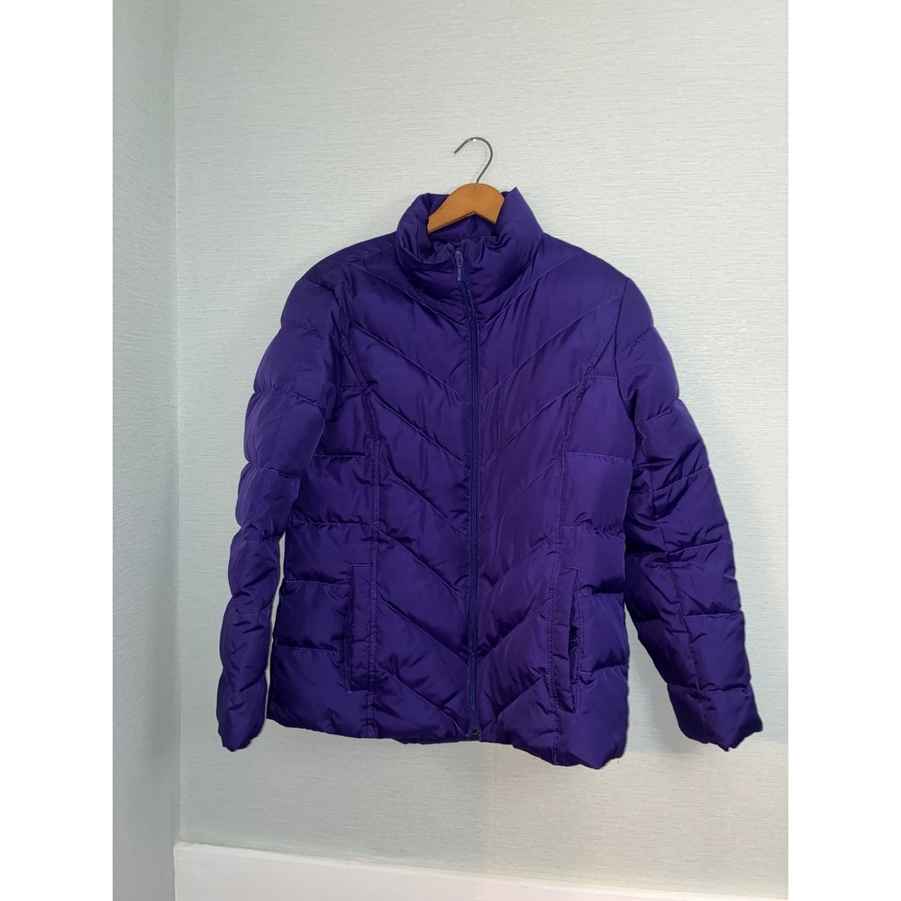 Lands End Womens Purple Chevron Down Puffer Jacket Size M 10-12 Full Zip Coat